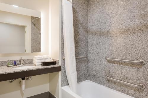 a bathroom with a shower and a sink at Sleep Inn & Suites North Mobile Saraland in Saraland