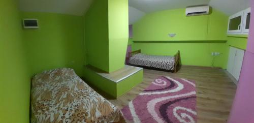 Zimmer mit 2 Betten, grünen Wänden und einem Teppich in der Unterkunft Apartman Emilija in Bačka Palanka