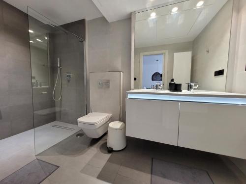 ein Bad mit einem WC, einem Waschbecken und einer Dusche in der Unterkunft El Olive - Calanova Grand golf in Mijas