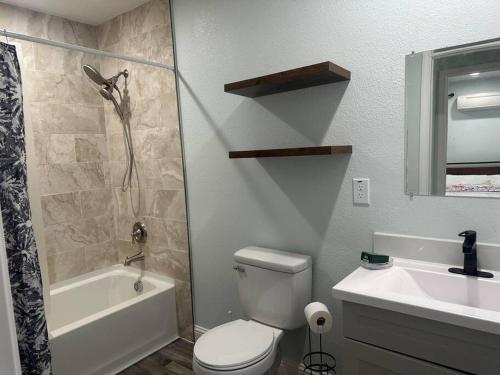 a bathroom with a toilet and a sink and a shower at Guest house near UCD Med. Center in Sacramento