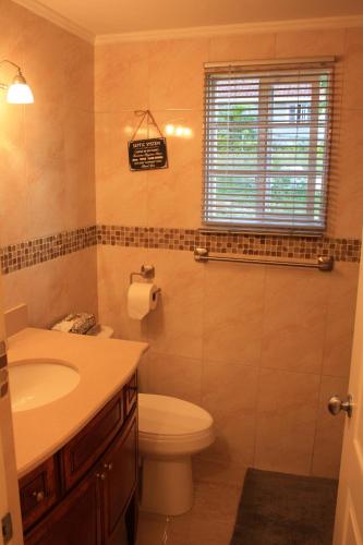 baño con aseo y lavabo y ventana en Palm View Villa 1 Bedroom, en Priory