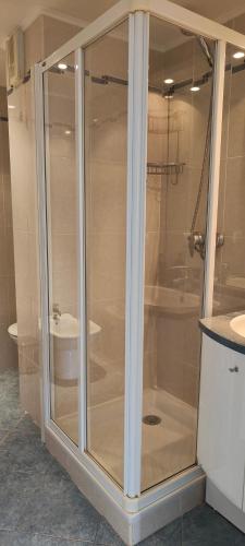 une douche en verre dans une salle de bain avec un lavabo dans l'établissement Appartement lumineux à Beausoleil (proche Monaco), à Beausoleil