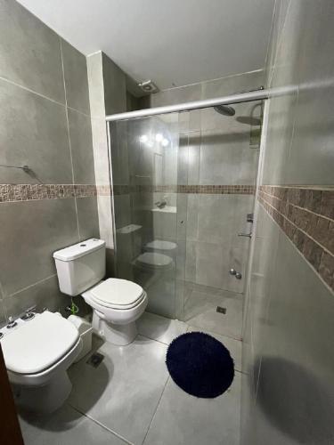 ein Bad mit einem WC, einer Dusche und einem Waschbecken in der Unterkunft Complejo 9 De Julio in Villa Dolores