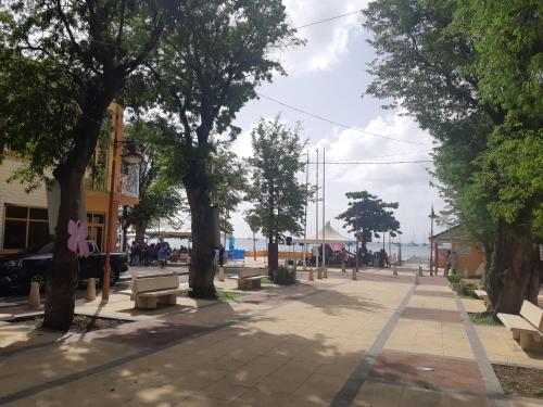 a park with benches and trees on a sidewalk at Cosy T3 au coeur de Sainte Anne in Sainte-Anne