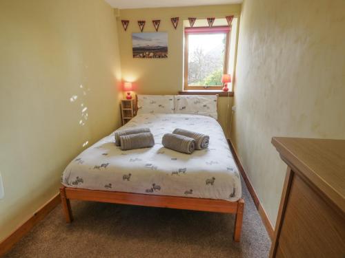 een kleine slaapkamer met een bed met 2 kussens erop bij Edge Hill in Dalry