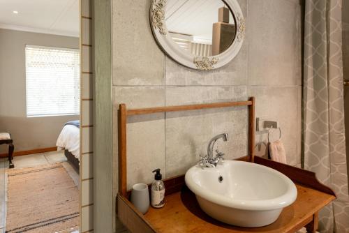 a bathroom with a sink and a mirror at Dennehof Farm Guesthouse in Villiersdorp