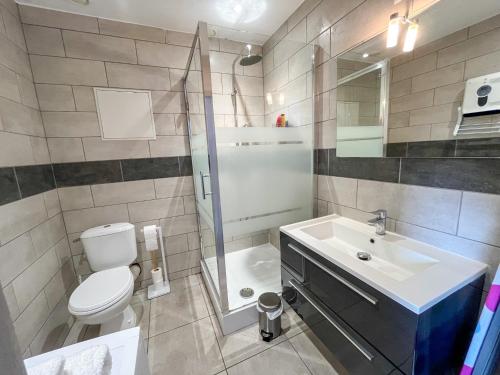a bathroom with a toilet and a sink and a shower at Meublé classé 3 étoiles Centre Ville de Céret in Céret