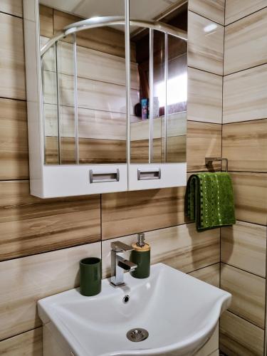 a bathroom with a sink and a mirror at Apartman Nevena in Vrnjačka Banja