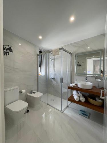 a bathroom with a toilet and a shower and a sink at C-10 Vegueta Apartment - Private Rooftop Pool in Las Palmas de Gran Canaria