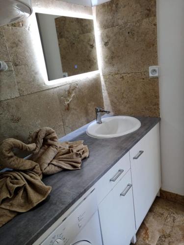 a bathroom with a sink and a mirror at Appartement lumineux au cœur de la garrigue in Saint-Nazaire