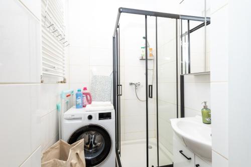 a bathroom with a washing machine and a sink at Danube family deluxe retreat in Vienna