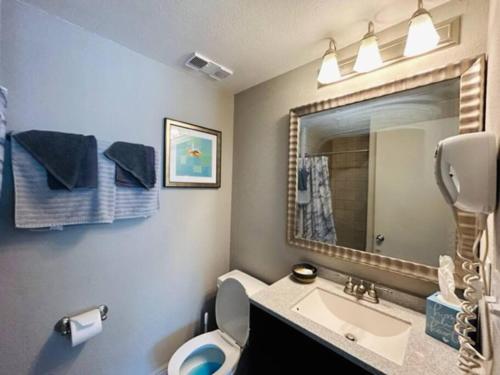a bathroom with a sink and a toilet and a mirror at 2BR Condo 1 mile from Universal in Orlando