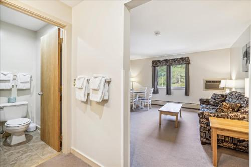 a living room with a toilet and a couch at Cedarbrook Deluxe one bedroom suite with outdoor heated pool 21517 in Killington
