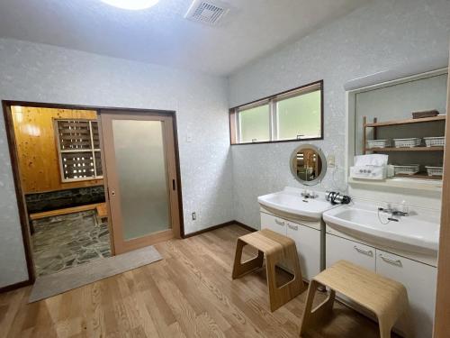 a bathroom with a sink and a mirror at AKANE Hostel あかね天然温泉旅館 in Yuzawa