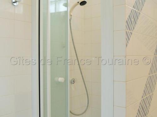 ducha con puerta de cristal y bobina de ducha en Gîte Azay-le-Rideau, 3 pièces, 4 personnes - FR-1-381-279, en Azay-le-Rideau