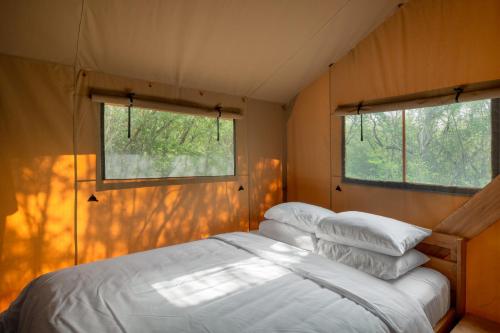 1 dormitorio con 1 cama y 2 ventanas en Campizo Glamping - Monterrey X NANTLI LIVING en Allende