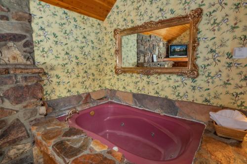 a large pink tub in a room with a mirror at Black Forest Lodge in Big Bear Lake