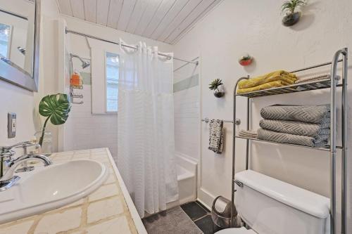 a bathroom with a sink and a toilet and a shower at Peaceful Bungalow with Fenced Yard near Shops and Cafes in Austin