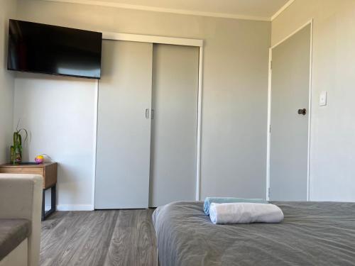 a bedroom with a bed and a flat screen tv at Cozy 2 bedrooms Studio 6A Chapman Place, no kitchen in Rotorua
