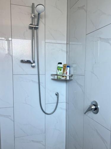 a shower with a shower head and a glass door at Cozy 2 bedrooms Studio 6A Chapman Place, no kitchen in Rotorua