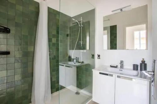 une salle de bain avec une douche, un lavabo et un miroir dans l'établissement Appartement 2 chambres, calme garanti, à Lyon