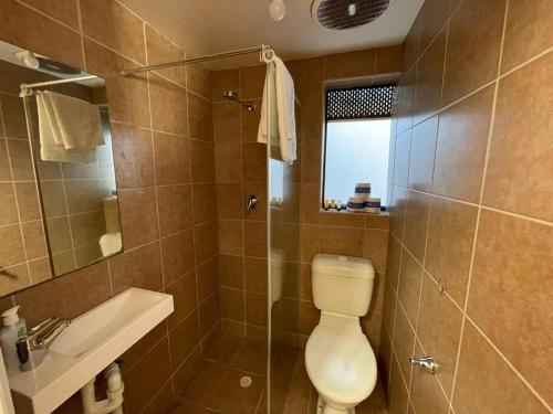 a bathroom with a toilet and a sink and a shower at Group house with views of the salt pool and spa in Mitcham