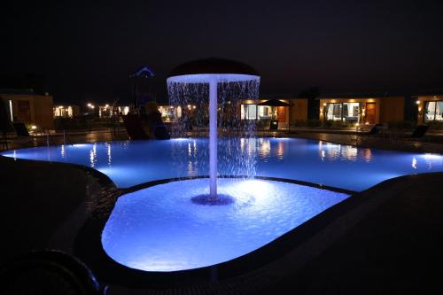 a fountain in the middle of a pool at night at SKD RESORT AND CLUB in Barvāla