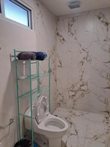 uma casa de banho com um WC branco e uma parede em mármore em Hospedaje Mamá Coti em Santa Ana Chiautempan