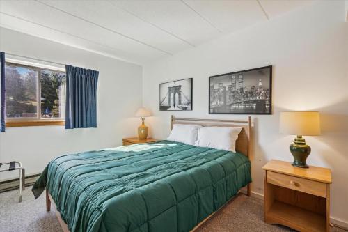 a bedroom with a green bed and a window at Pinnacle E25 in Killington