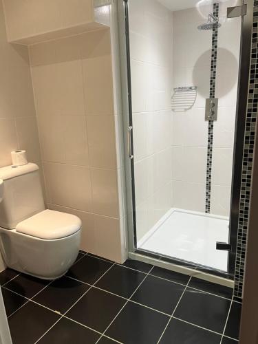 a bathroom with a toilet and a shower at Limes hotel in Needham Market