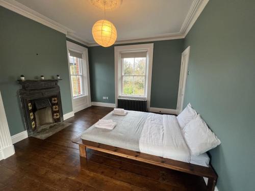 a bedroom with a large bed and a fireplace at Tranquil Retreat in Historic Chapelizod in Dublin