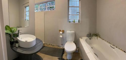 uma casa de banho com um WC, um lavatório e uma banheira em Le Petit Guesthouse em Bloemfontein