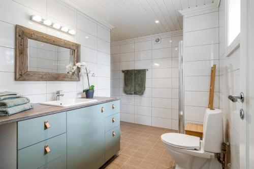 een badkamer met toilet, wastafel en douche bij Løvsangeren 1,5 hour from Oslo - 6 bedrooms - 14 sleeps - Sauna in Nordset