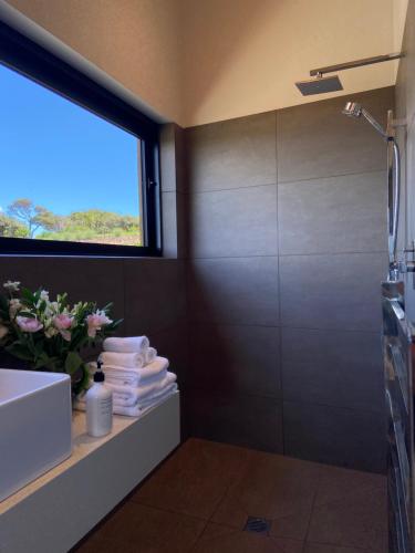 ein Bad mit einer Dusche, einem Waschbecken und einem Fenster in der Unterkunft La Bodega Waiheke Island in Surfdale