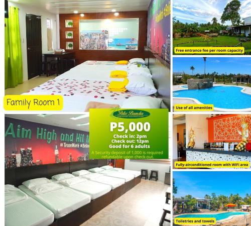 un collage de fotos de una habitación de hotel con cama en PATIO BUENDIA FARM RESORT AND EVENTS PLACE en Amadeo