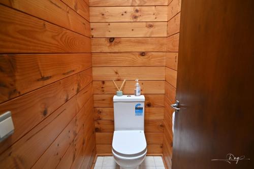 a bathroom with a toilet and a wooden wall at Sunny Beachview Homestay Auckland in Auckland