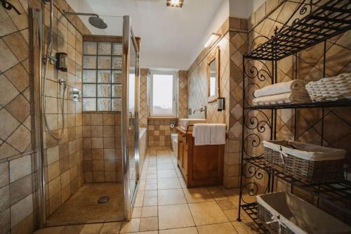 a bathroom with a shower and a sink at Maison Fumin by Hili in Aosta