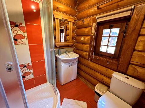 La salle de bains est pourvue de toilettes et d'un lavabo. dans l'établissement Ubytovanie Koliba Pacho - Zrub Zuzka, à Prievidza