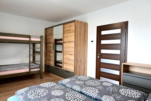 um quarto com 2 beliches e uma cama com uma escada em Apartmány Smrkový vrch em Vaclavov u Bruntalu