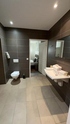 a bathroom with a toilet and a sink and a mirror at Icône Hôtel - Annecy in Annecy