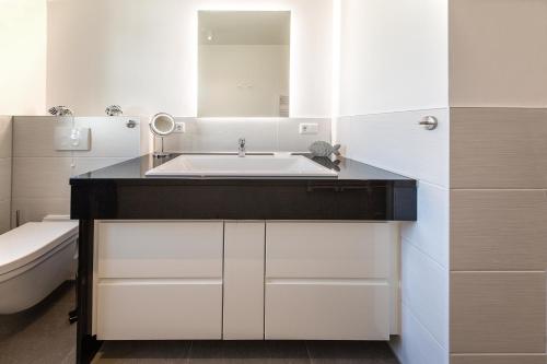 a bathroom with a sink and a toilet at Dünenrose Fewo Wolkenlos in Börgerende-Rethwisch
