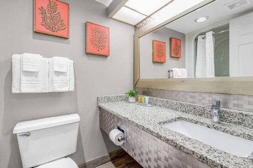 uma casa de banho com um WC, um lavatório e um espelho. em Stunning Oceanview Studio Full Kitchen Dogs OK! 828 em Myrtle Beach
