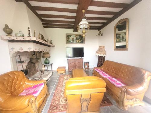 a living room with leather furniture and a fireplace at Maison confortable à Bardos avec vue sur montagne in Bardos