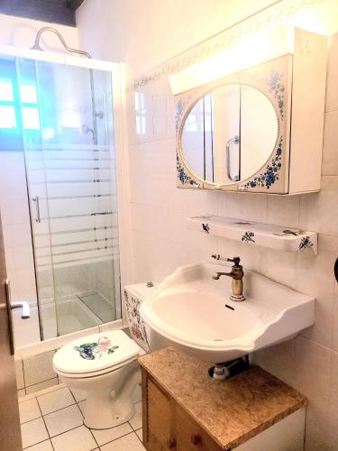 a bathroom with a sink and a toilet and a mirror at Maison confortable à Bardos avec vue sur montagne in Bardos