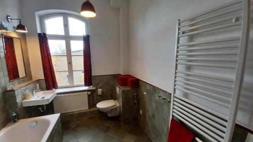 a bathroom with a sink and a toilet and a window at "Parkwohnung" im Kunstgut Krahne in Krahne