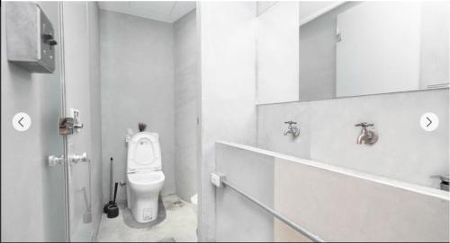 a white bathroom with a toilet and a mirror at 薇薇青旅-嚞驫驛站 in Taichung