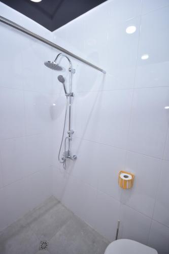 een badkamer met een douche en een toilet. bij HOTEL SAMEGRELO in Zugdidi