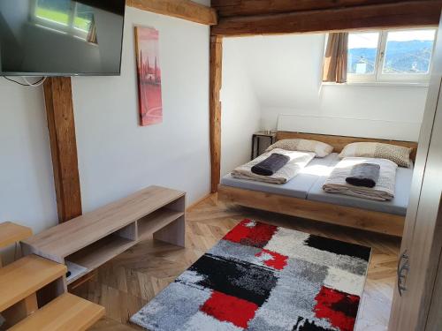 a bedroom with two beds and a tv and a rug at Haus Kampl - Appartement Aussee in Bad Mitterndorf