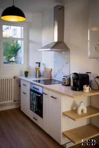 une cuisine avec un évier et une cuisinière four supérieur dans l'établissement Le Métropolitan, à Dijon