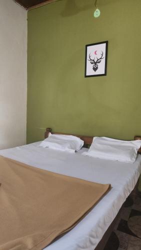uma cama num quarto com uma parede verde em Gokarnastops Cafe & Stay for Backpackers em Gokarna